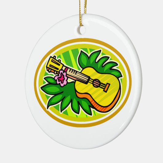 Ukulele met bladeren en bloemen, geel keramisch ornament (Links)