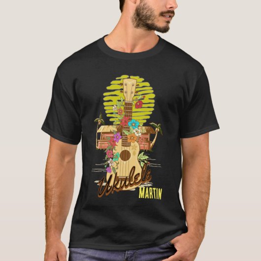 Ukulele met bloemen en palmbomen/bewerkbare naam t-shirt (Voorkant)