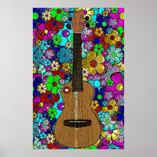 Ukulele met Groovy Hip Flowers en Heart Poster