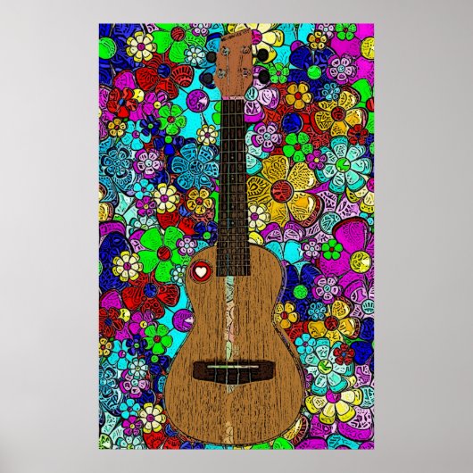 Ukulele met Groovy Hip Flowers en Heart Poster (Voorkant)