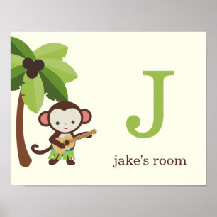 Ukulele Monkey - gepersonaliseerde Kinder wandkuns Poster