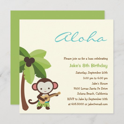 Ukulele Monkey Luau Party Invitation Kaart (Voorkant / Achterkant)