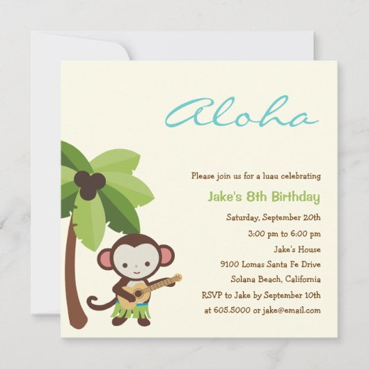 Ukulele Monkey Luau Party Invitation Kaart (Voorkant)