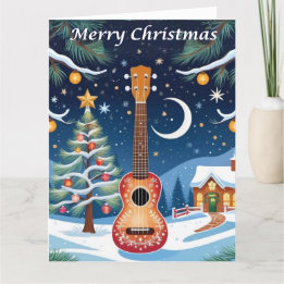 Ukulele Muziekinstrument Sneeuw Groot Kerstmis Kaart