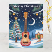 Ukulele Muziekinstrument Sneeuw Grote Kerstmis Kaart (Gele Bloem)