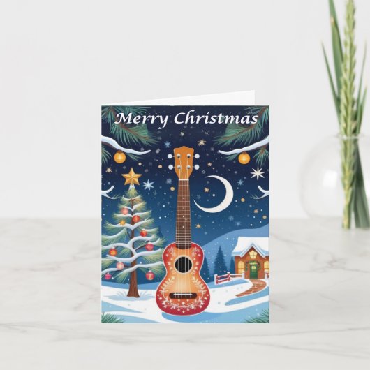 Ukulele Muziekinstrument Sneeuwboom Kerstmis Feestdagen Kaart (Voorkant)