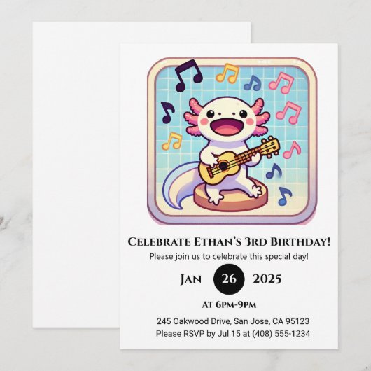 Ukulele Performer Axolotl Birthday Kaart (Voorkant / Achterkant)
