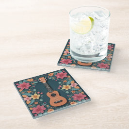 Ukulele Tropische Bloemen Muziekinstrument Mooie Glazen Onderzetter