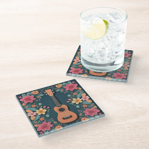 Ukulele Tropische Bloemen Muziekinstrument Mooie Glazen Onderzetter