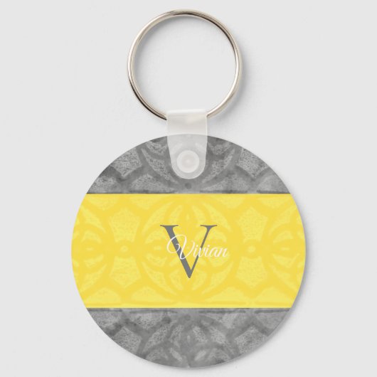 Ultieme grijs en lichtgevend geel monogram sleutelhanger (Voorkant)