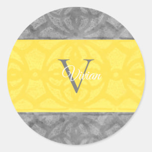 Ultieme grijs en lichtgevend geel monogram Thans Ronde Sticker