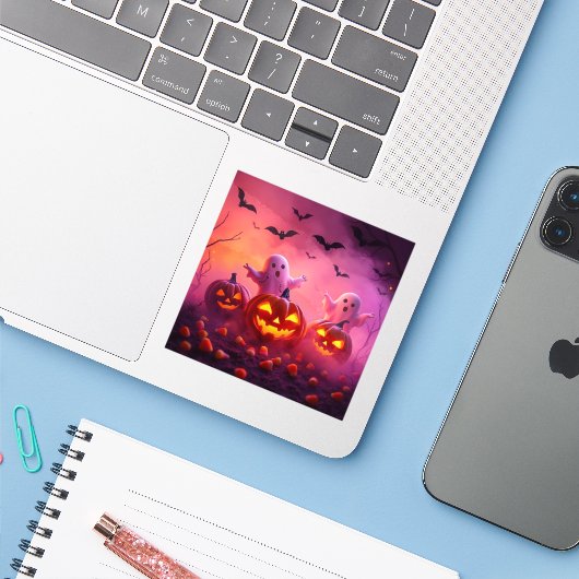 Ultieme Halloween-Sticker – Ghosts & Pumpkins Sticker (Laptop met iPhone)