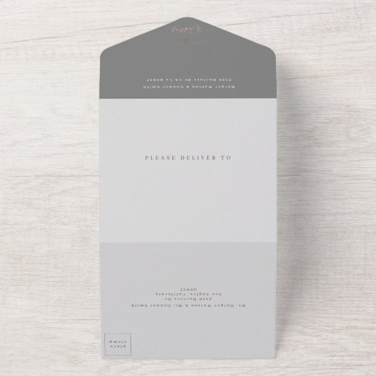 Ultimate Elegant Grey Simple Roos Gold Wedding All In One Uitnodiging (Buitenkant)
