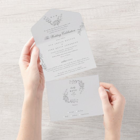 Ultimate Floral Grey Traditional Monogram Weddensc All In One Uitnodiging (Afscheurbaar)