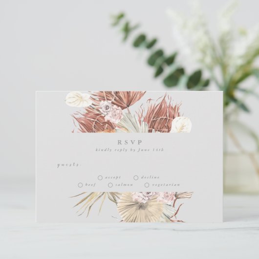 Ultimate Grey Pampas Grass Floral Oerwoud Wedding RSVP Kaartje (Staand voorkant)