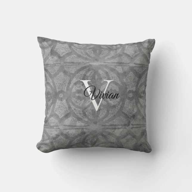 Ultimate Grey Waterverf Batik Monogram Naam Kussen (Voorkant)