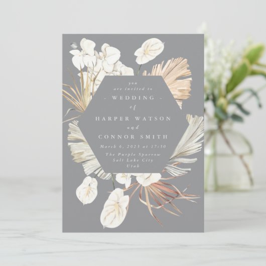 Ultimate Pampas Grass Floral Tropical Gray Wedding Kaart (Staand voorkant)