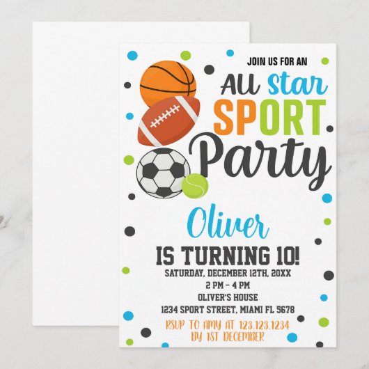 Ultimate Sports Party verjaardagsuitnodiging Kaart (Voorkant / Achterkant)