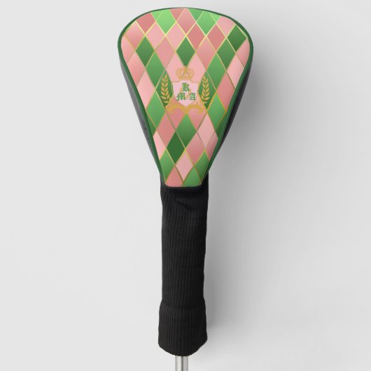 Ultra Chic Preppy Roze Groen Argyle Monogram Wapen Golfheadcover (Voorkant)