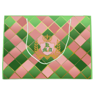 Ultra Chic Preppy Roze Groen Argyle Monogram Wapen Groot Cadeauzakje