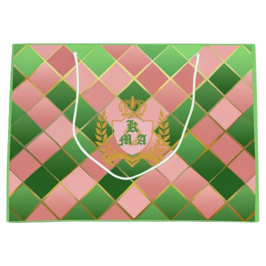 Ultra Chic Preppy Roze Groen Argyle Monogram Wapen Groot Cadeauzakje (Voorkant)