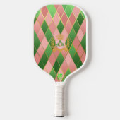Ultra Chic Preppy Roze Groen Argyle Monogram Wapen Pickleball Paddle (Achterkant)