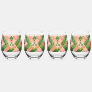 Ultra Chic Preppy Roze Groen Argyle Monogram Wapen Wijnglas Zonder Voet