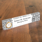 Ultra Elegant zwart-wit Fancy Bloemdamast Naambordje (Zijkant)