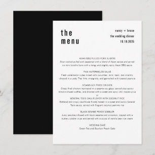 Ultra minimaal stijlvol zwart wit bruiloft diner menu