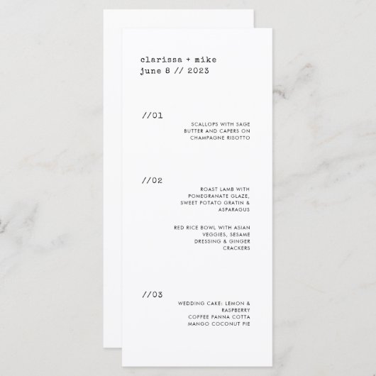 Ultra Minimale Verticale Diner Party Bruiloft Menu (Voorkant / Achterkant)