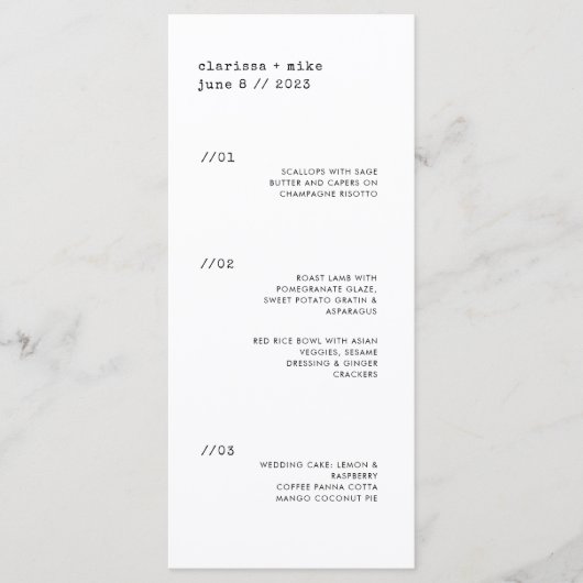 Ultra Minimale Verticale Diner Party Bruiloft Menu (Voorkant)