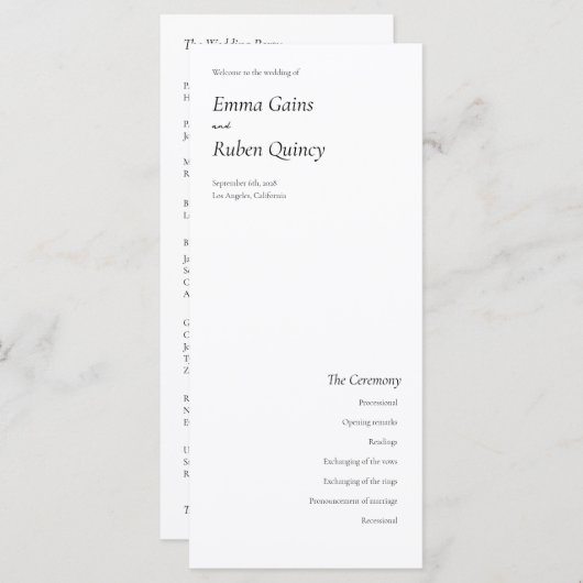 Ultra minimalistisch zwart-wit huwelijksprogramma (Voorkant / Achterkant)