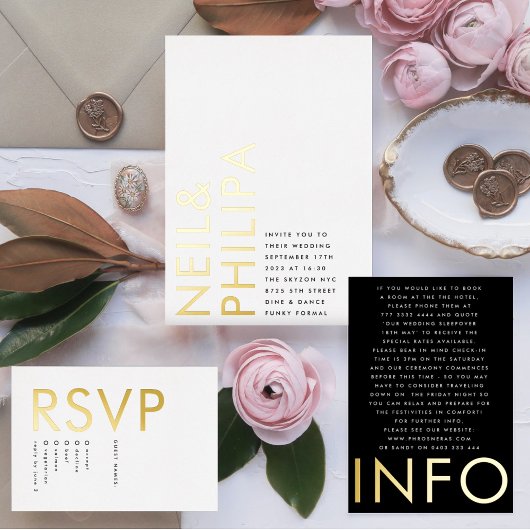 Ultra Modern Bold Names 2 x RSVP ROOS GOLD Folie Uitnodiging