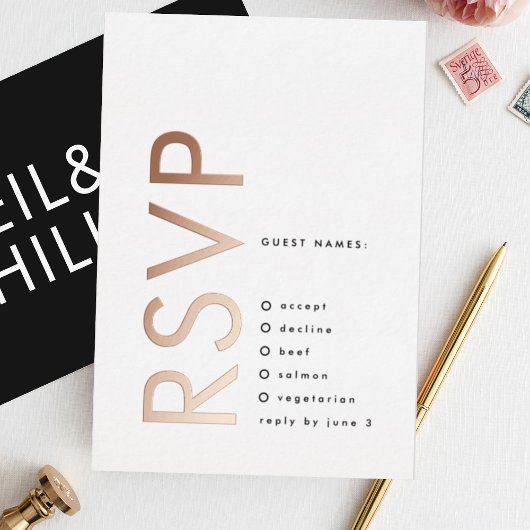 Ultra Modern Bold Names 2 x RSVP ROOS GOLD Folie Uitnodiging