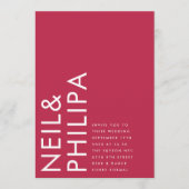 Ultra Modern Bold NAMES Magenta Red Wedding Kaart (Voorkant)