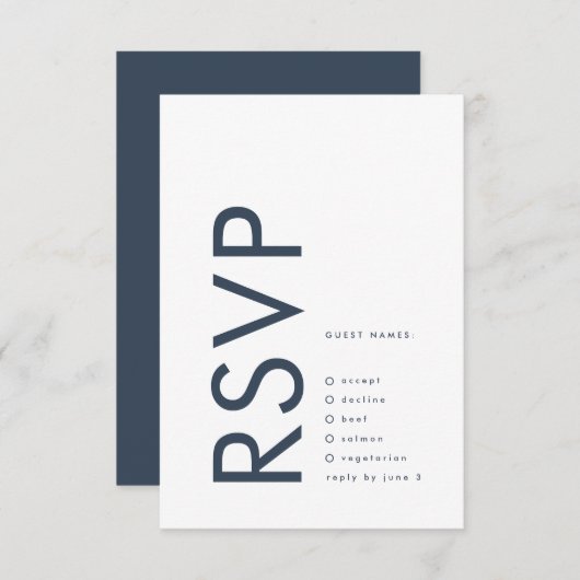 Ultra Modern Bold Navy Blue Monogram Weddenschap RSVP Kaartje (Voorkant / Achterkant)