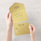Ultra Modern Gold Black Minimalist RSVP Weddenscha All In One Uitnodiging (Afscheurbaar)