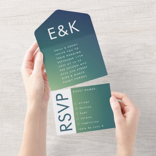 Ultra Modern Gradient Green Ombre Wedding All In One Uitnodiging (Afscheurbaar)