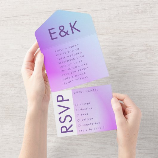 Ultra Modern gradiënt Paars valhuwelijk All In One Uitnodiging (Afscheurbaar)