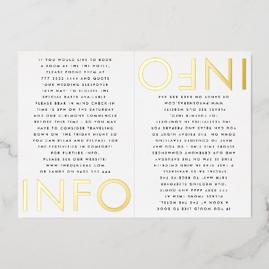 Ultra Modern Monogram 2 x Info Details GOLD Folie Uitnodiging (Voorkant)