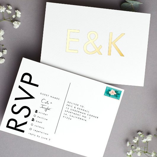 Ultra Modern MONOGRAM RSVP GOLD FOIL BRIEFKAART