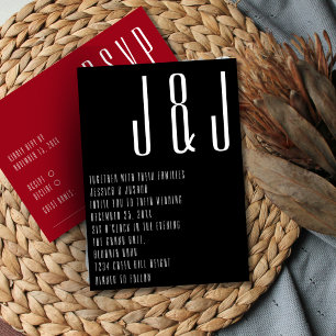 Ultra Modern Monogram Zwart Rood Bruiloft Kaart