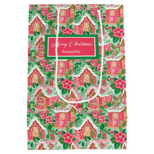 Ultra modern pink red lime green preppy Christmas Medium Cadeauzakje (Achterkant)