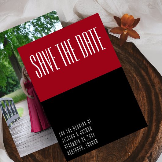 Ultra Modern Zwart en Rood Foto Bruiloft Kaart