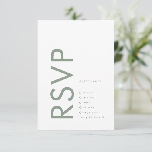 Ultra Moderne Sage Green Monogram Simple Wedding RSVP Kaartje (Staand voorkant)