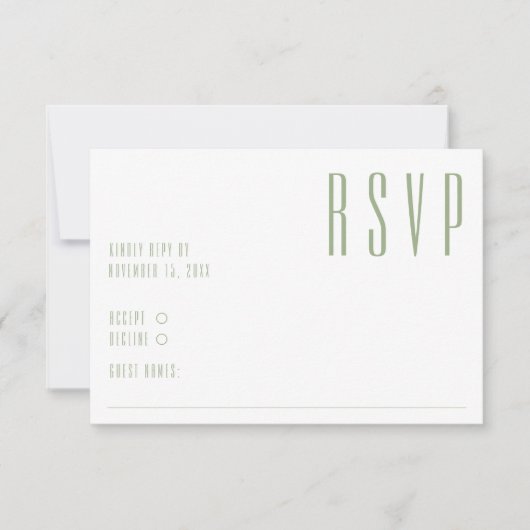 Ultra Moderne Sage Groen Wit Eenvoudige Bruiloft RSVP Kaartje (Voorkant)