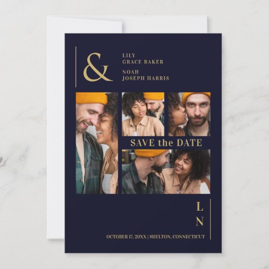 Ultra Moderne Trendy Marine & Goud 4 Multi Foto's Save The Date (Voorkant)