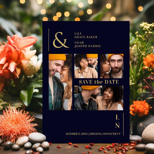 Ultra Moderne Trendy Marine & Goud 4 Multi Foto's Save The Date
