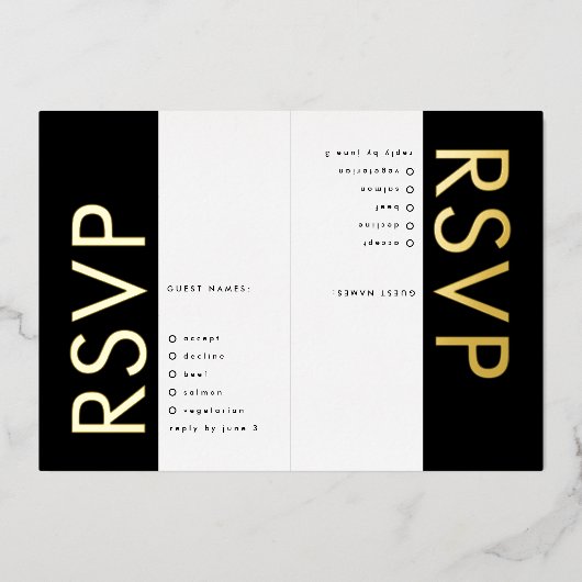 Ultra Moderne zwarte namen 2 x RSVP GOLD Folie Uitnodiging (Voorkant)