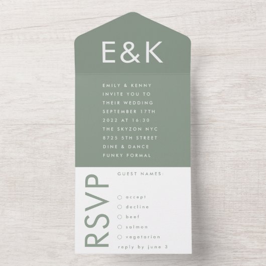 Ultra Sage Green Bold Big Monogram Simple Weddensc All In One Uitnodiging (Binnen)